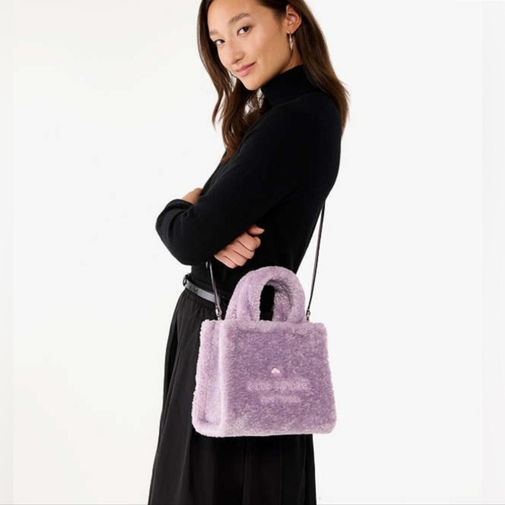 Kate Spade New York Ella Lilac Faux Fur Small Tote Bag Crossbody Purse Violet